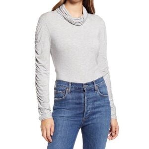 Halogen Draped Long Sleeves Turtleneck Top In Grey Heather